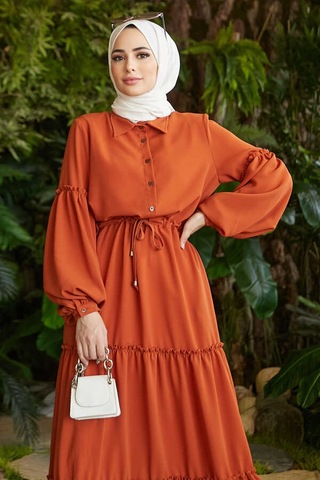 6567-büzgülü Bağcıklı Elbise Taba Taba