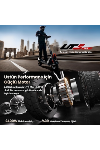 Ut5 Max Elektrikli Scooter - 2400w Güç, 39 Eğim, Çift Hidrolik, 150 Kg Taşıma Kapasitesi, Tcs, Find My Siyah