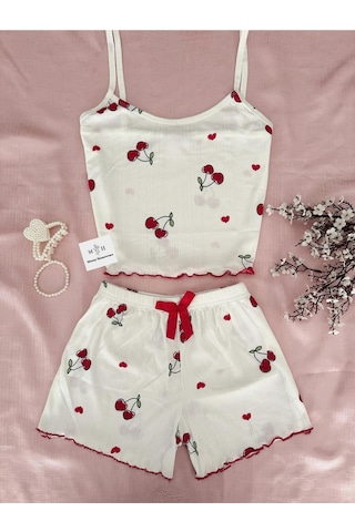 Mh Moony Homewears 2'li Fitilli Kirazlım Şortlu Yazlık Pijama Takımı Kırmızı Bordo