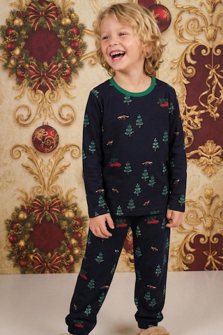 Breeze Erkek Çocuk Pijama Takımı Yılbaşı Temalı Çam Ağacı Desenli 4-8 Yaş, Lacivert Lacivert