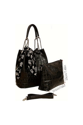 Eşarp Dekorlu Gotik Kafatası Kabartmalı Tote Çanta Siyah