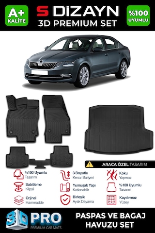 S-dizayn Skoda Octavia 3d Pro Havuzlu Paspas Ve Bagaj Havuzu Seti 2'li Set 2013-2017 A+ Kalite