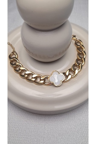 Uzel Çelik Gold Altın Renk Beyaz Sedef Yoncalı Kalın Halka Detaylı Çelik Bileklik Gold