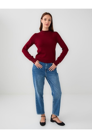 Jimmy Key Bordo Balıkçı Yaka Uzun Kollu Düğme Detaylı Triko Kazak 5ww134588562