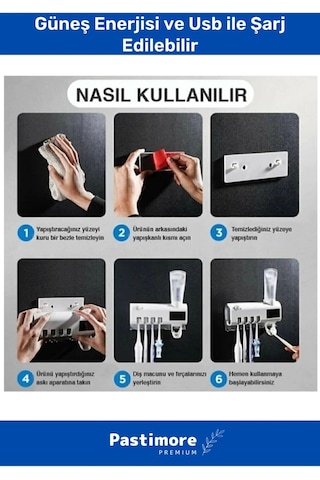 Pratik Usb Şarjlı ve Güneş Enerjili Otomatik Diş Macunu Sıkacağı 4 Adet Diş Fırçalığı Tutucu Diğer