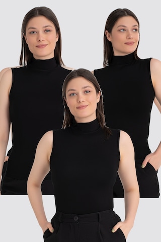 Arma Yıldız Kadın Siyah Balıkçı Yaka Kolsuz Body 3'lü Paket Siyah