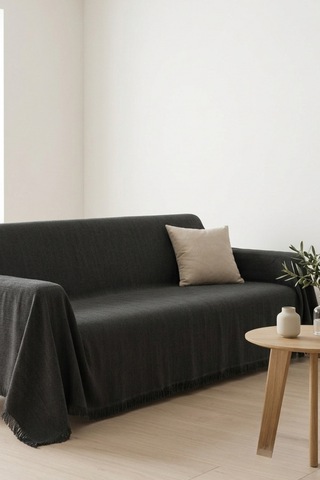 İskandinav Dokulu Pamuklu Saçaklı Koltuk Örtüsü Ve Koltuk Şalı Kaymaz Terletmez 180x300 Cm Antrasit