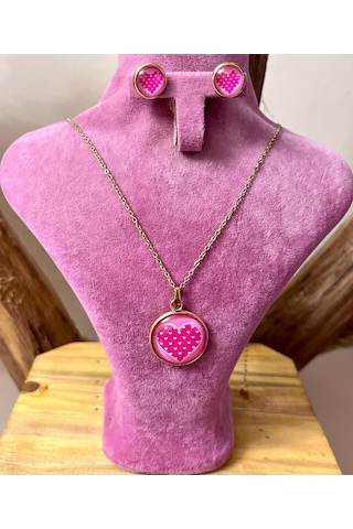 316l Çelik Pembe Kalp Figürlü Kolye Küpe Hediyelik Set