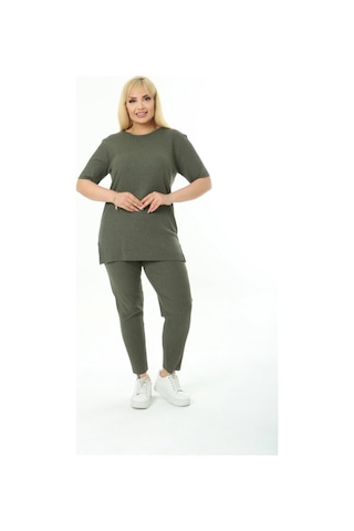 Modasehle Kadın Kısa Kollu Beli Lastikli Yırtmaçlı Rahat Kalıp İkili Pijama Takım Haki