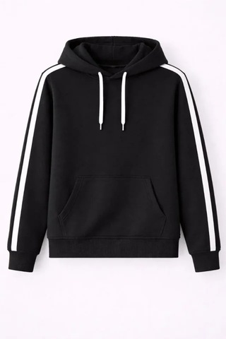 Modi Erkek Şeritli Kapüşonlu Sweatshirt Oversize 3 Iplik Pamuklu - Siyah Açık Siyah