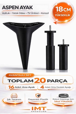 Aspen 18 Cm Siyah 20 Adet Mobilya Ayağı Robot Süpürgeye Uyumlu Koltuk Tv Ünitesi Konsol Ayağı Siyah