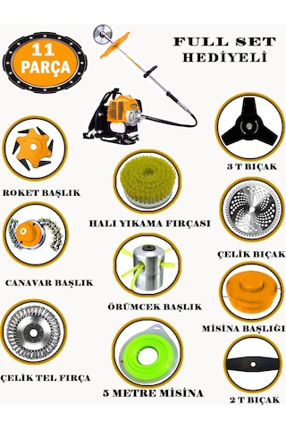 Eısenn German EX-553 Sırt Tipi Benzinli Motorlu Ot Çalı Tırpanı 11 Parça Çim Biçme Makinesi Çelik Fırça