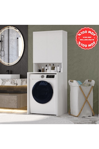 Çamaşır Makinesi Dolabı 3 Raflı Kapaklı Banyo Dolabı Beyaz %100 M Beyaz