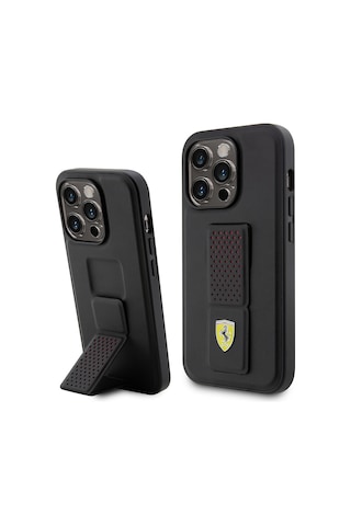 Apple Uyumlu iPhone 14 Pro Kılıf Ferrari Lisanlı Klasik Metal Logolu Delikli Standlı Deri Kapak Siyah