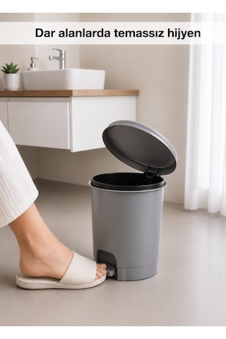 Gri Pedallı Çöp Kovası 6 L - İçi Kovalı Küçük Boy Banyo, Tuvalet Ve Ofis Tipi Modern Çöp Kutusu