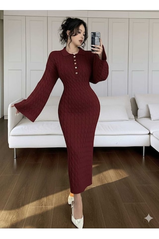 Sayzen Your Shine Gömlek Yaka Düğmeli Saç Örgülü Triko Elbise Sy-2515 Bordo