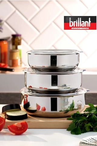 6 Parça Aldip Çelik Saklama Kabı Seti 3'lü 16-18-20 Cm - Şeffaf Kapaklı Metal Saklama Kabı Gümüş