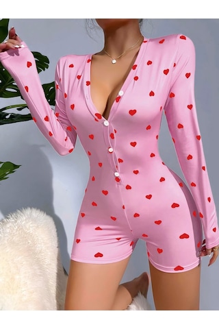 Kadın Pembe Kalp Desenli Pijama Tulumu 5121 Kırmızı