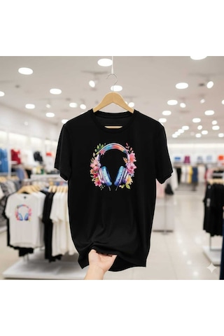 Çiçekli Kulaklık Baskılı Pamuk Kadın T-shirt Siyah