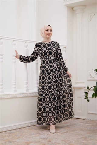 Neşeli Butik Kadın Kemerli Yeni Sezon Tesettür Elbise Sms016 Siyah