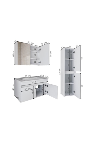 Banos Tm3 Lavabolu Beyaz 85 Cm Aynalı Banyo Dolabı Takımı Beyaz