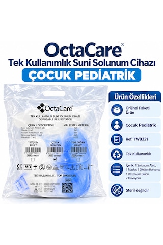 Octacare Çocuk Pediatrik Ambu Seti Tek Kullanımlık Manuel Suni Solunum Cihazı Rezervuar Balonlu, Oksijen Hortumlu Ve Maskeli Resüsitatör Seti 10 Adet