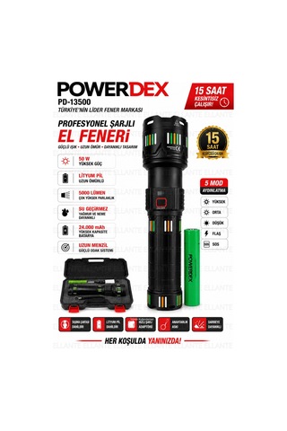 Şarjlı El Feneri 5000 Lümen 24.000 Mah Lityum Pil Taşıma Çantalı Profesyonel Set Pd-13500 Çok Renkli