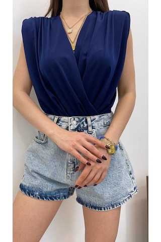 Soonaksesuar Kadın Sendy Kumaş Kruvaze Yaka Vatkalı Bluz Mavi