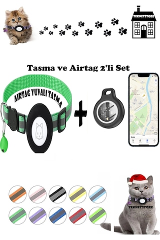 Teknetstore Takip Cihazı Ve Airtag Yuvalı Kedi Tasması 2'li Set Ios Uyumlu Boyun Tasması Gps