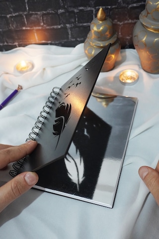 Kuşlu Tüy Tasarım Siyah Ahşap A5 Spiralli Okul Defteri - Çizgisiz Defter - Günlük - A5 Notebook