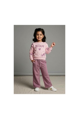 Uğur Bebe Kız Çocuk Eşofman Takımı Stitch Desenli %100 Pamuk Pembe Pudra Renk Geniş Paça 2 Li Spor Takım Şık Kombin Pembe Pudra Pembe Pudra