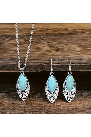 Otantik Mavi Taşlı Gümüş Takı Seti, Ahşap Kutu İçerisinde, Sevgililer Günü Hediyesi Gümüş