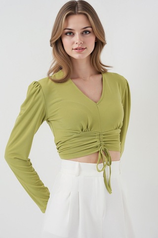 Hiccup Bdart Drapeli V Yaka Dikişli Crop Top Yeşil