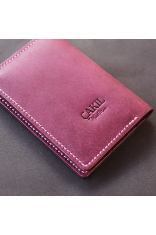 Leather Craft Hakiki Deri Isme Özel Pasaport Kılıfı - Mor