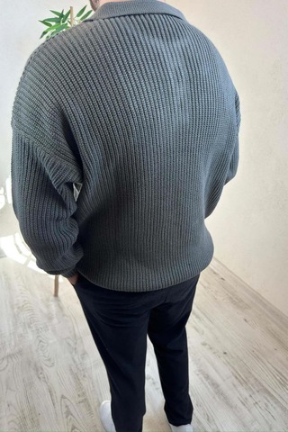 Erkek Gri Fermuarlı Polo Yaka Oversize Triko Kazak Gri