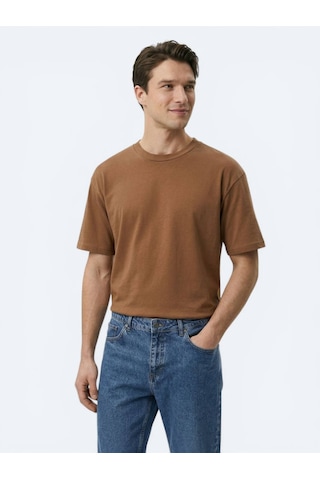 Kip Kahverengi Düz %100 Pamuk T-shirt