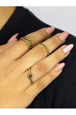 Doğal Taşlı 3'lü Garnet Lal Doğal Taşlı Güneş Modelli Kadın Ayarlanabilir Yüzük Seti Euy85 Kırmızı