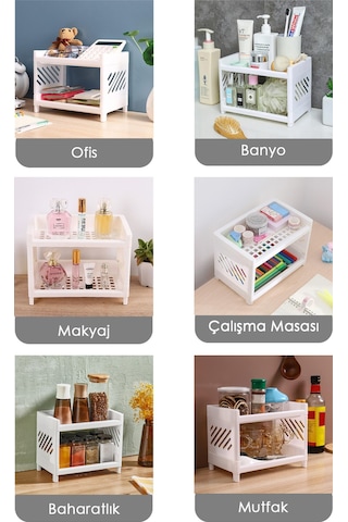 2 Katlı Beyaz Plastik Çok Amaçlı Makyaj Banyo Ofis Raf Organizeri Mıt1279 Beyaz