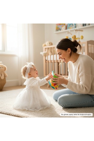 Ürünya Kız Bebek Fırfır Yaka Tüllü Elbise 0-12 Ay Beyaz