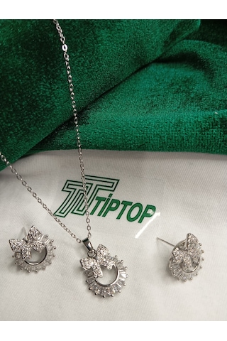 Tiptop/ Gümüş Renk Zirkon Taşlı Baget Fiyonk Model Kolye Ve Küpe Seti Gümüş