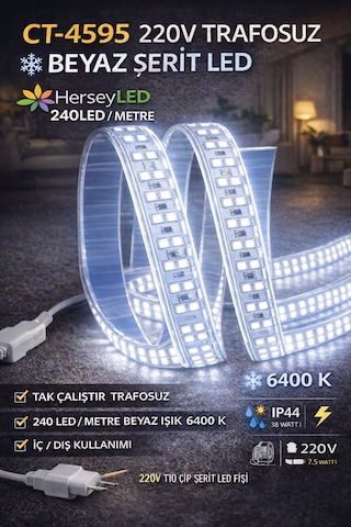 220v Trafosuz Yapışkanlı Dış Mekan Şerit Led Günışığı 3 M / 5 M 5 Metre Beyaz