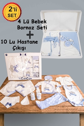 10 Parça Mavi Taşlı Hastane Çıkışı Ve 4 Parça Bebek Bornoz Seti Mavi