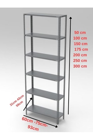 6 Katlı Galvaniz Çelik Raf - Depo, Arşiv, Kiler, Dosya, Market Rafı 31x93 Cm 150 Cm 0.70 Mm Çok Renkli