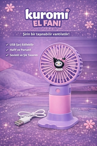 Jasper Mor-pembe Kuromi Figürlü Taşınabilir Standlı Serinletici Fan 3 Hız Ayarlı , Typ-c Şarjlı Fan Masaüstü Fan Vantila