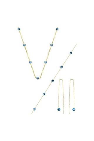 Gümüş Altın Yaldızlı,Cam Göz Nazar Kolye Küpe Ve Bileklik Gümüş