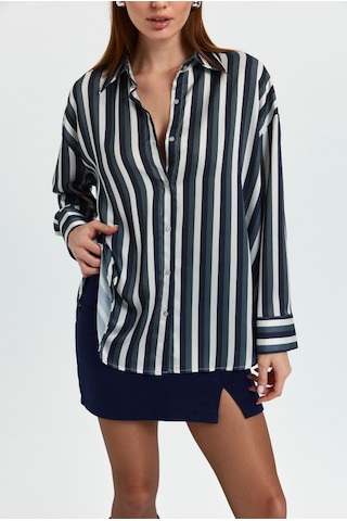 Pera Moda Kadın Salaş Oversize Desenli Saten Gömlek Haki