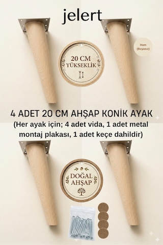 Konik Masif Gürgen Mobilya Ayağı 20 Cm Metal Montaj Aparatlı, Robot Süpürge Uyumlu Koltuk Kanepe Tv Ünitesi Baza Yükseltme Ayağı Ham/boyasız 4'lü Krem