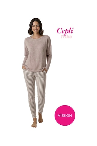 Kadın Viskon Mevsimlik Uzun Kol Cepli Pijama Takımı-üstü İnce Triko Alt Pijama Dar Kesim Jakar Kumaş Pembe