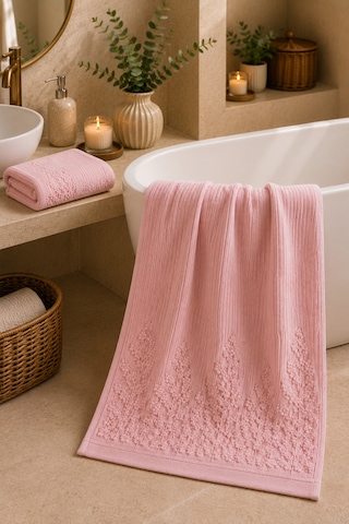 Çiçek Desenli 2 Li Banyo Havlu Seti 50 90 Baş Havlusu + 90 150 Banyo Havlusu - Pembe