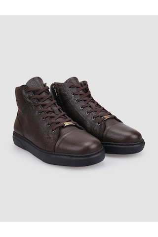 %100 Hakiki Deri Kahverengi Kürklü Fermuarlı Bağcıklı Erkek Bot Kahverengi